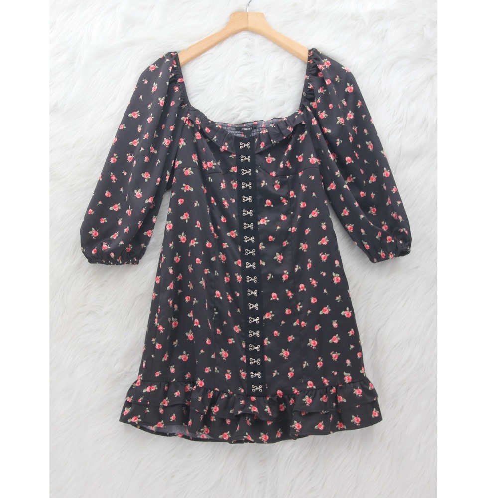 Forever 21 Mini Dress Size Large Black Floral Coquette Whimsigoth Romantic NWT